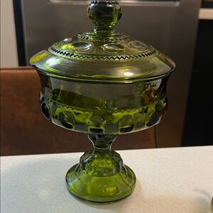 60s Vintage 💚 Indiana Glass Avocado Green Thumbprint Pedestal Compote Candy Dish